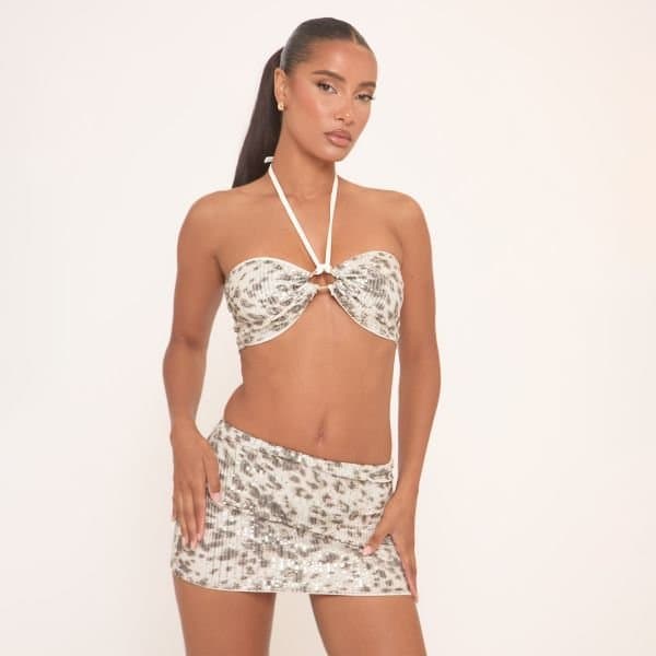 EGO EGO Halterneck Trim Detail Bralet in Stone Leopard Print Sequin