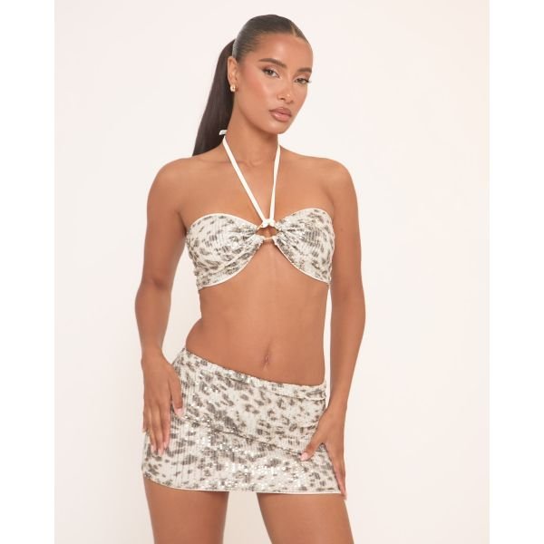 EGO Halterneck Trim Detail Bralet In Stone Leopard Print Sequin, Women's Size UK 10 - 2