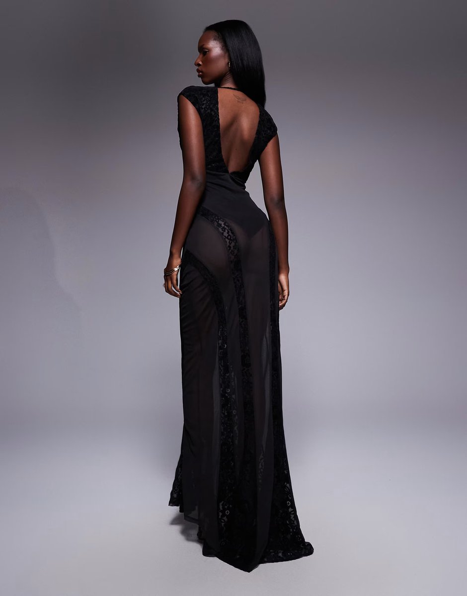 ASOS ASOS DESIGN plunge velvet lace sheer skirt maxi dress with low back in black - 4