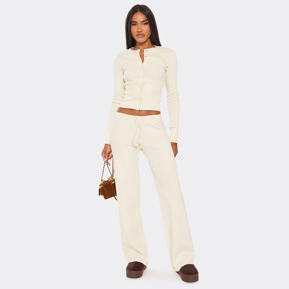 EGO EGO Off White Ribbed Straight Leg Trousers