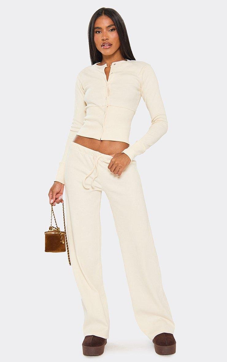 EGO Drawstring Waist Straight Leg Trousers In Off White Ribbed, Women's Size UK 6 - 2