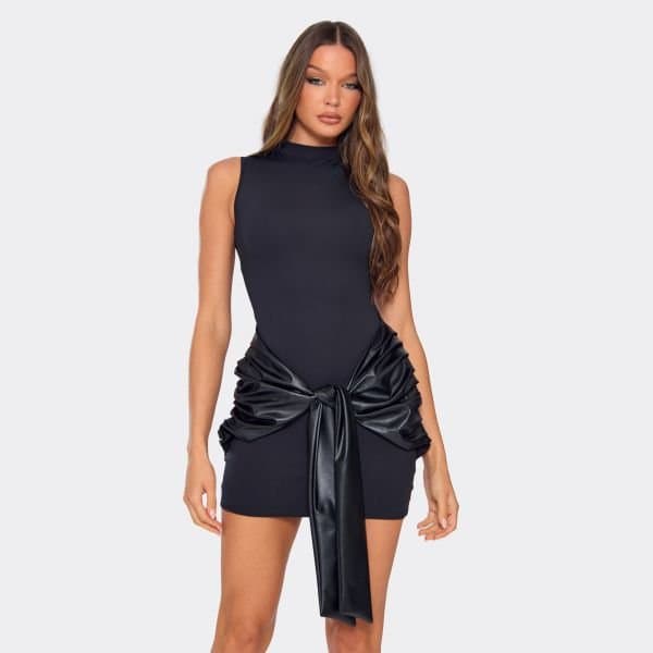 EGO High Neck Contrast Faux Leather Drape Detail Mini Dress In Black, Women's Size UK 6