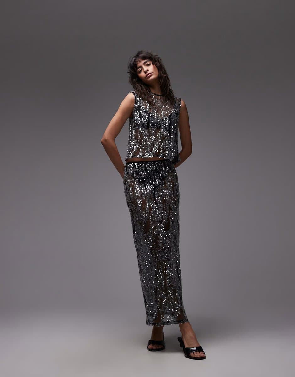 ASOS ASOS DESIGN sheer sequin mesh maxi skirt in black