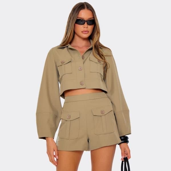 EGO Long Sleeve Cargo Pocket Cropped Jacket In Taupe, Women's Size UK Large L