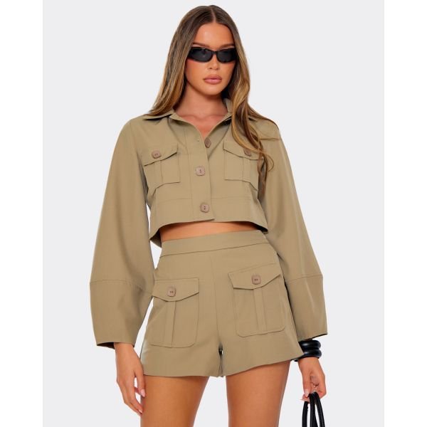 EGO Long Sleeve Cargo Pocket Cropped Jacket In Taupe, Women's Size UK Large L - 2