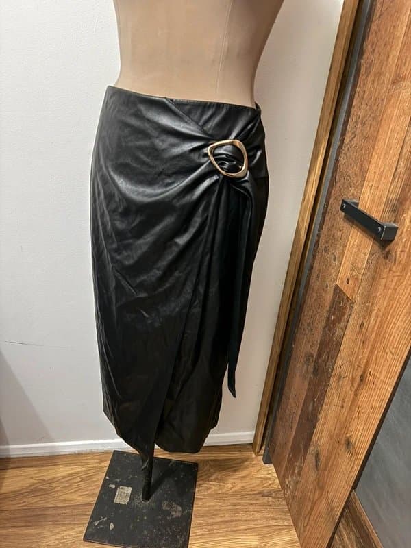 ASOS Design black faux leather pleather pu midi skirt buckle