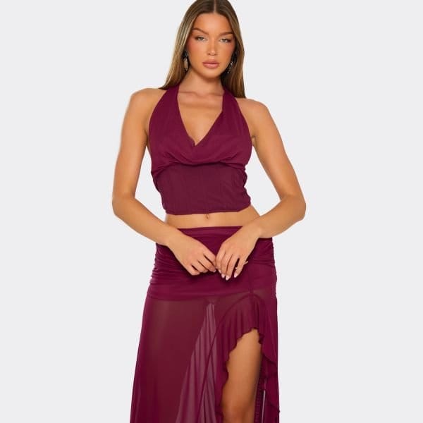 EGO Cowl Halterneck Lace Up Back Corset Top In Plum, Women's Size UK 6 - 1