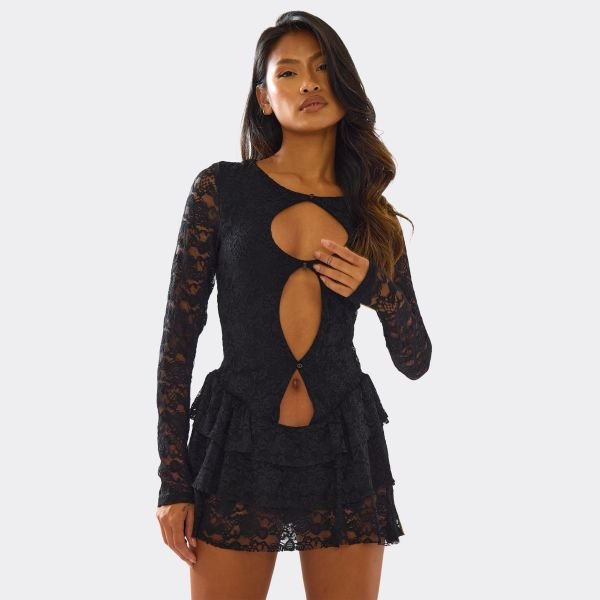 EGO Long Sleeve Cut Out Front Layered Frill Hem Detail Mini Dress In Black Lace, Women's Size UK Large L - 1
