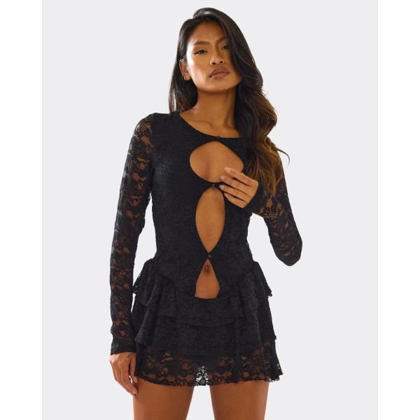 EGO Long Sleeve Cut Out Front Layered Frill Hem Detail Mini Dress In Black Lace, Women's Size UK Large L - 2