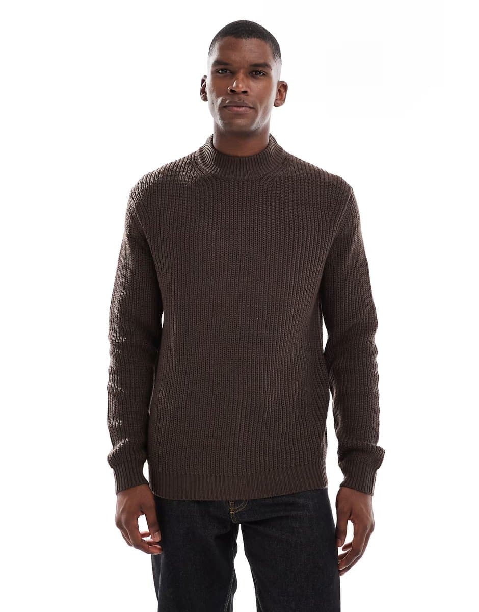 ASOS Brave Soul ribbed knit crew neck jumper in chocolate brown