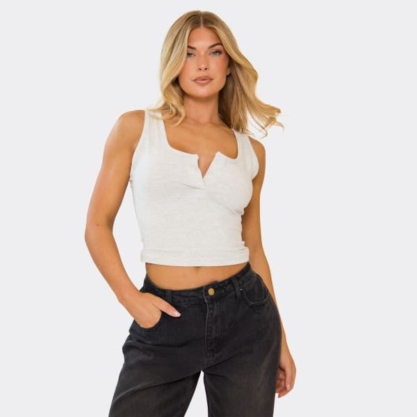 EGO Square Neck Placket Detail Crop Top In Grey Marl, Women's Size UK 6 - 1