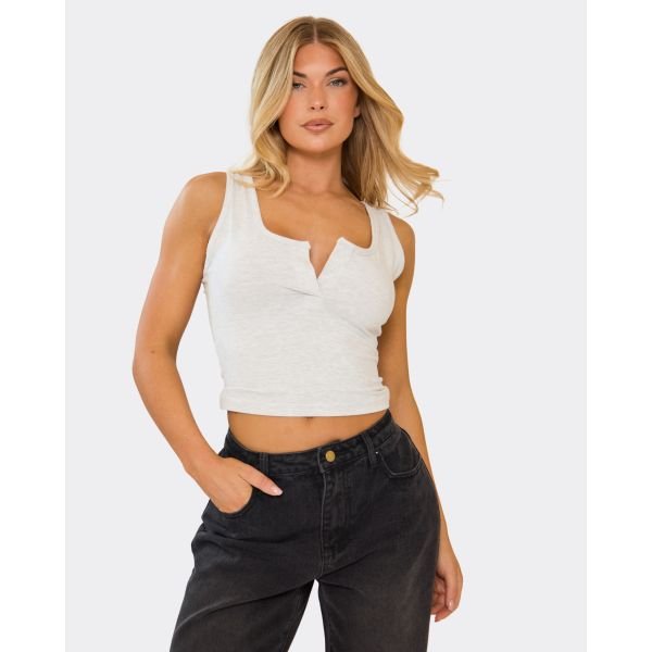 EGO Square Neck Placket Detail Crop Top In Grey Marl, Women's Size UK 6 - 2