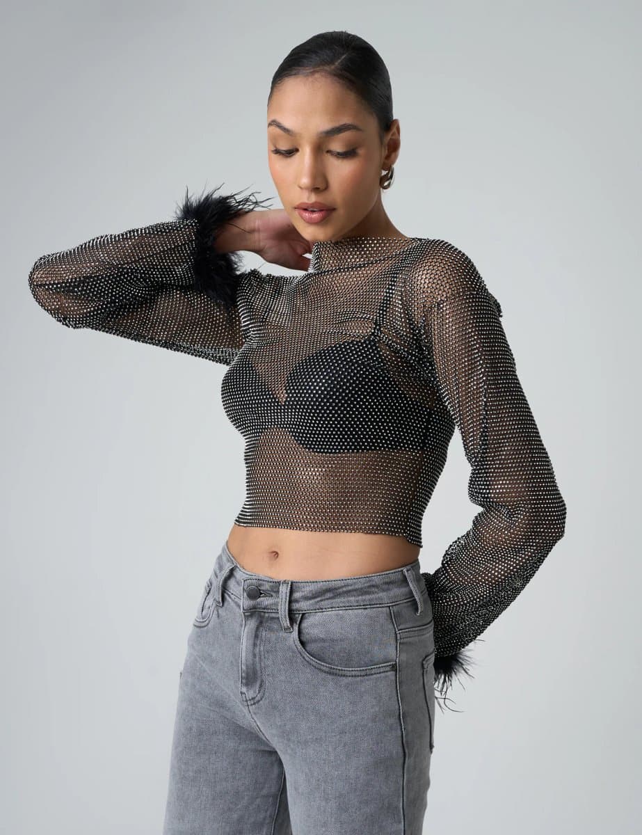 Public Desire Public Desire Feather Cuff Diamante Mesh Cropped Top in Black