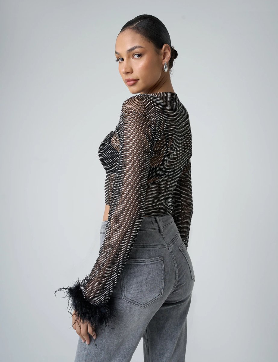 Public Desire Feather Cuff Detail Diamante Mesh Cropped Top Black - 2