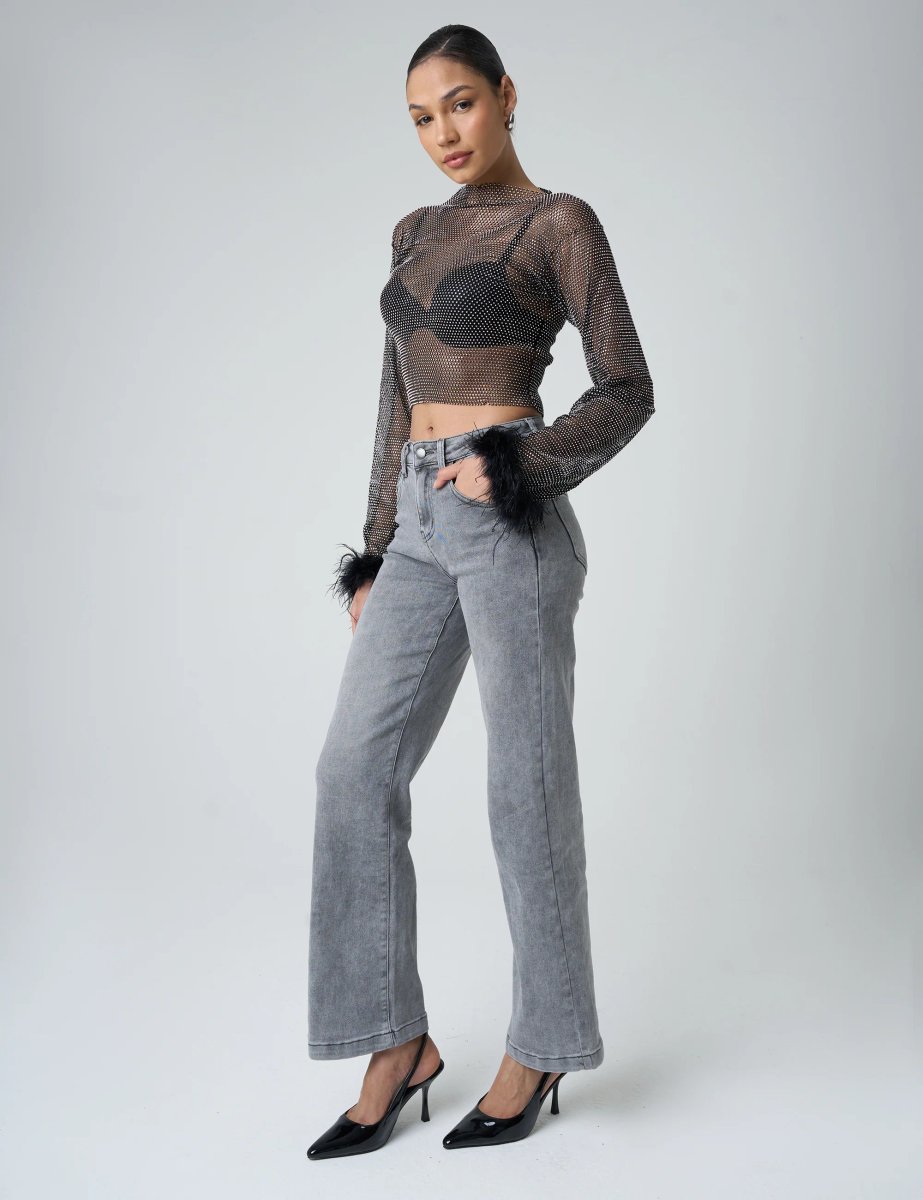 Public Desire Feather Cuff Detail Diamante Mesh Cropped Top Black - 3