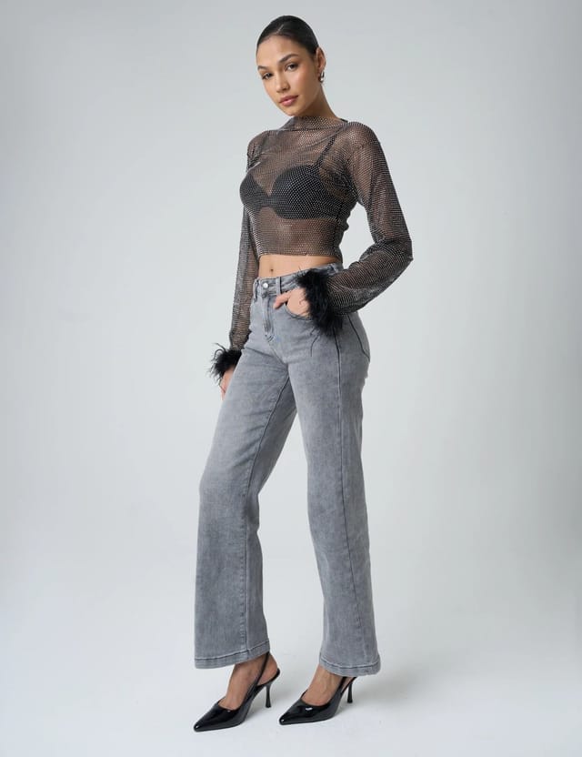 Public Desire Feather Cuff Detail Diamante Mesh Cropped Top Black - 3