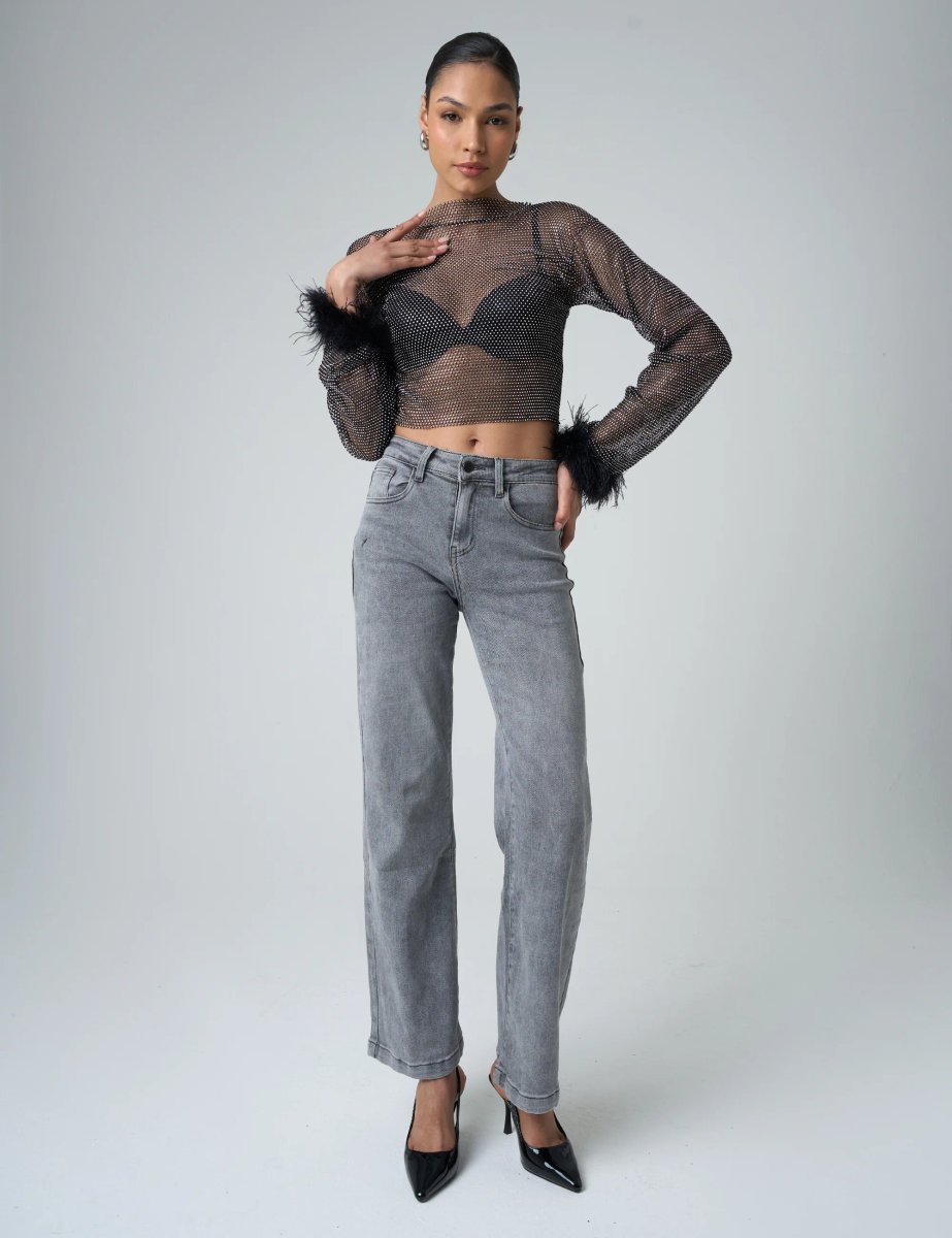 Public Desire Feather Cuff Detail Diamante Mesh Cropped Top Black - 4