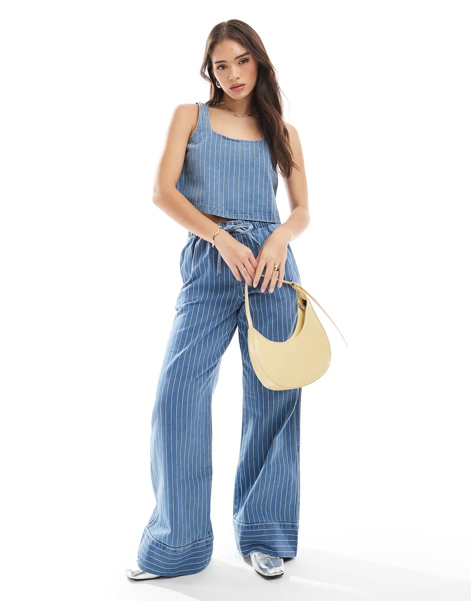 ASOS ASOS DESIGN denim vest top with embroidered stripe in blue co-ord - 2