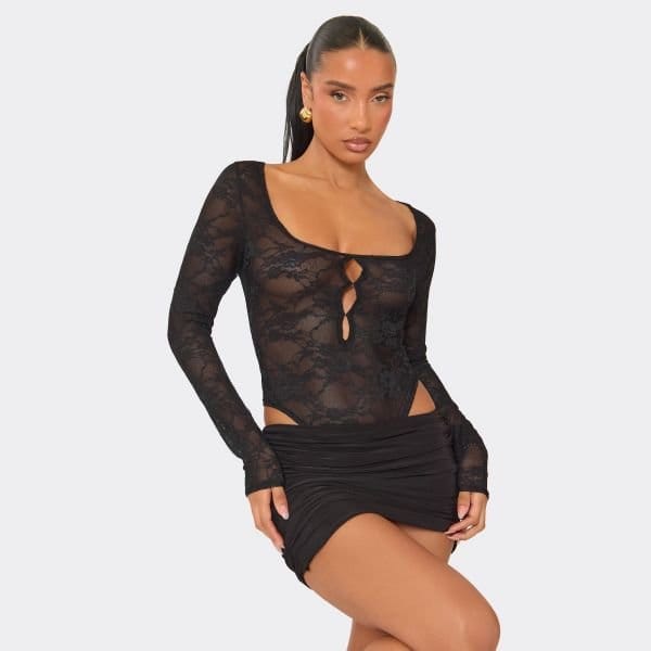 EGO Scoop Neck Thong Cut Out Detail Bodysuit In Black Lace, Women's Size UK 6 - 1