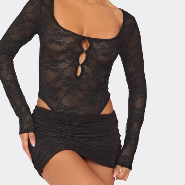 EGO Scoop Neck Thong Cut Out Detail Bodysuit In Black Lace, Women's Size UK 6 - 2
