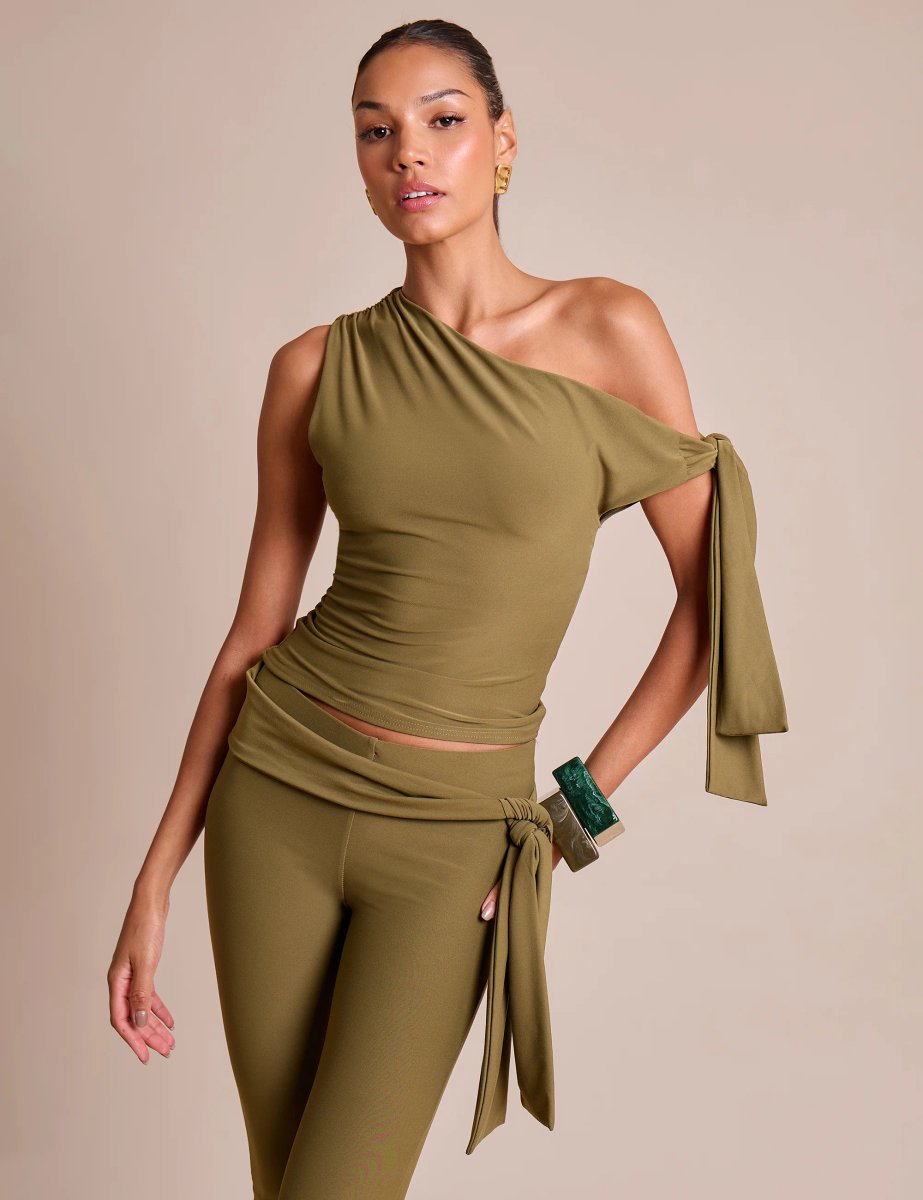 Public Desire Knot Detail Asymmetric One Shoulder Luxe Slinky Top Khaki - 1