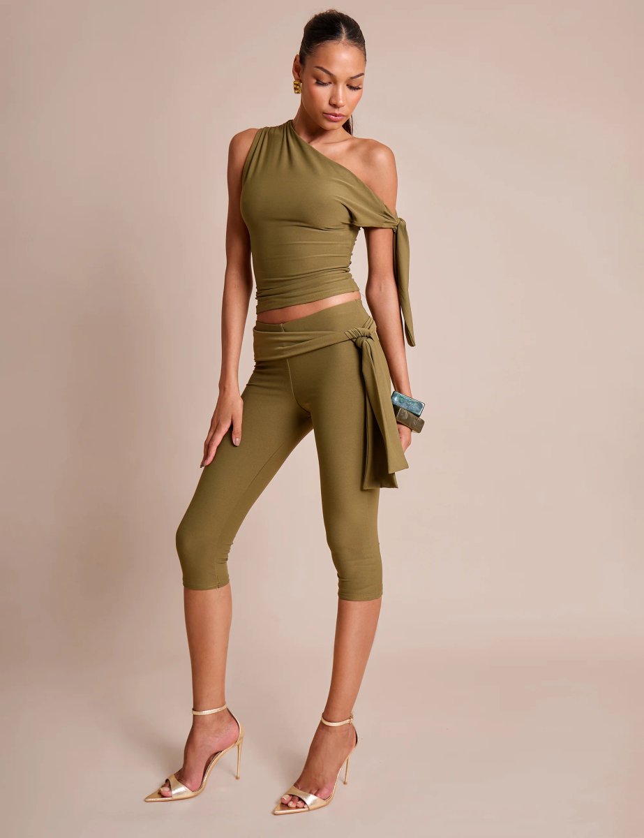 Public Desire Knot Detail Asymmetric One Shoulder Luxe Slinky Top Khaki - 3