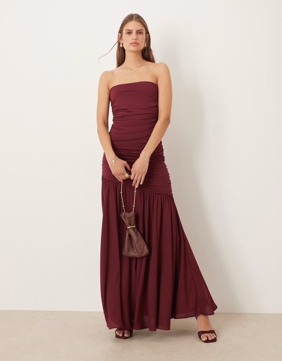 ASOS SNDYS mesh asymmetric drop waist ruched detail maxi dress in cranberry