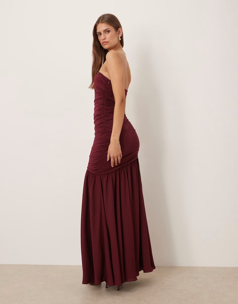 ASOS SNDYS mesh asymmetric drop waist ruched detail maxi dress in cranberry - 3