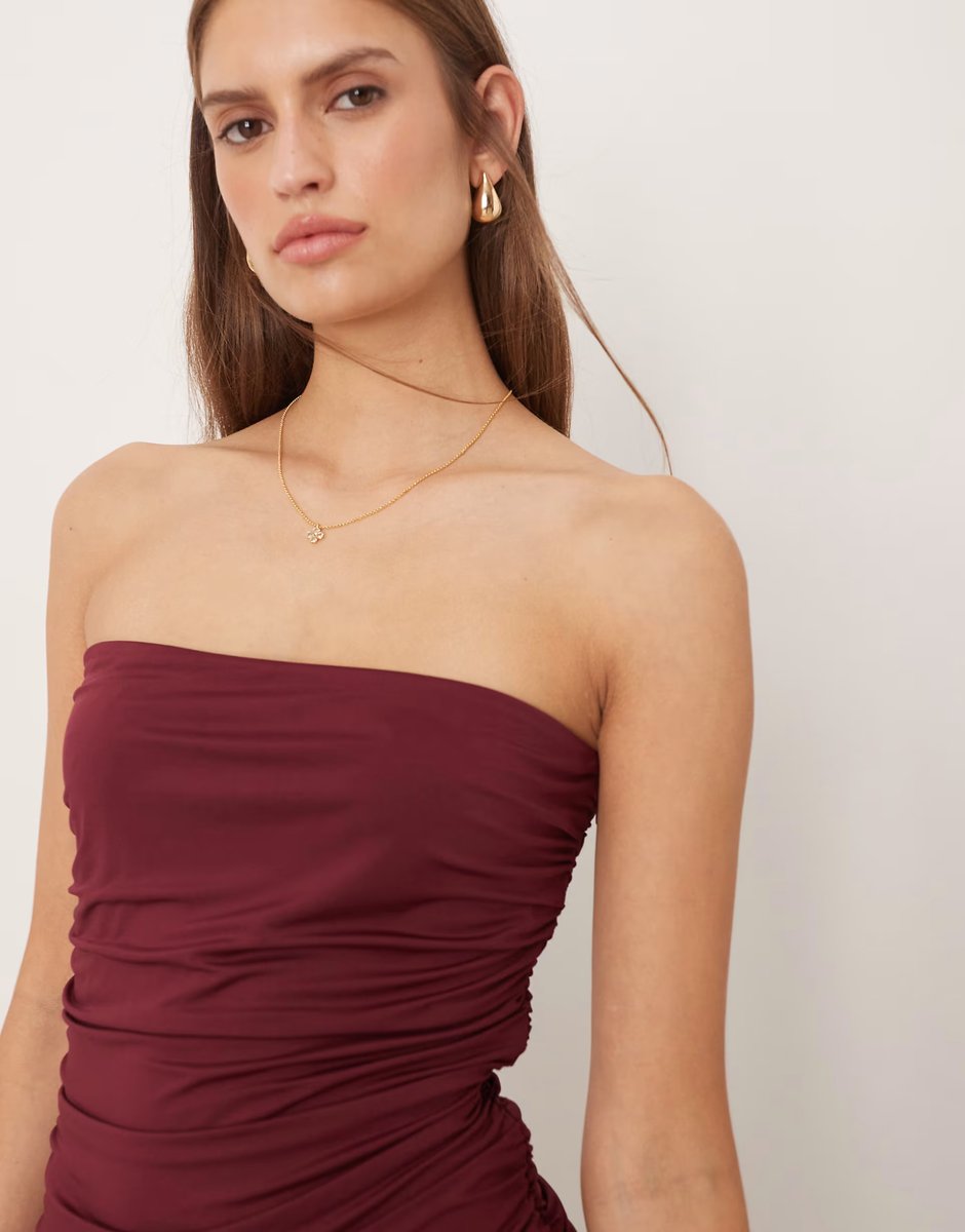 ASOS SNDYS mesh asymmetric drop waist ruched detail maxi dress in cranberry - 4