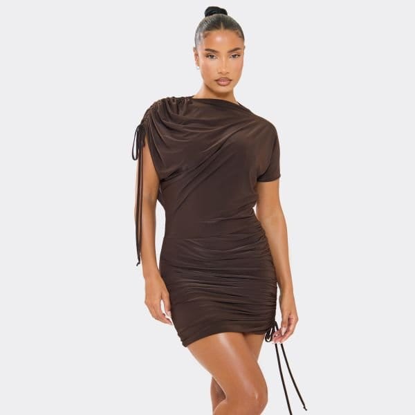 EGO Asymmetric Drape Blouson Ruched Detail Mini Dress In Chocolate Brown, Women's Size UK 6 - 1