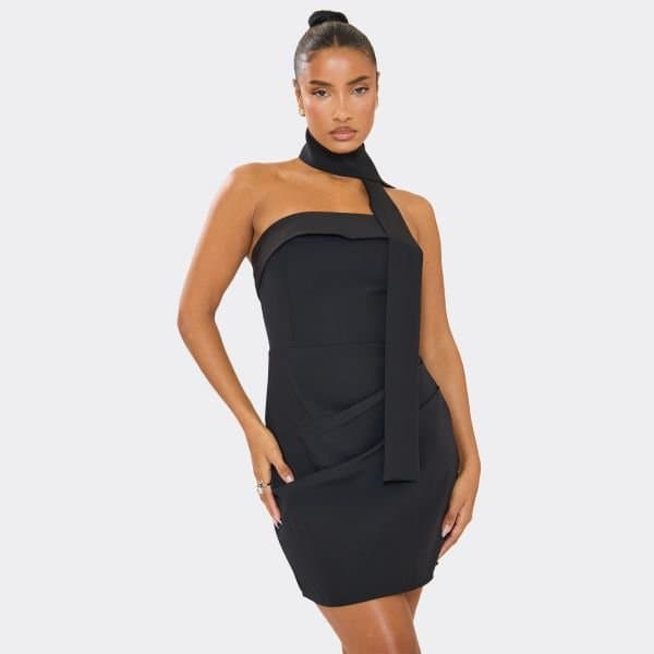 EGO Scarf Detail Fold Over Bandeau Tailored Mini Dress In Black, Women's Size UK 6