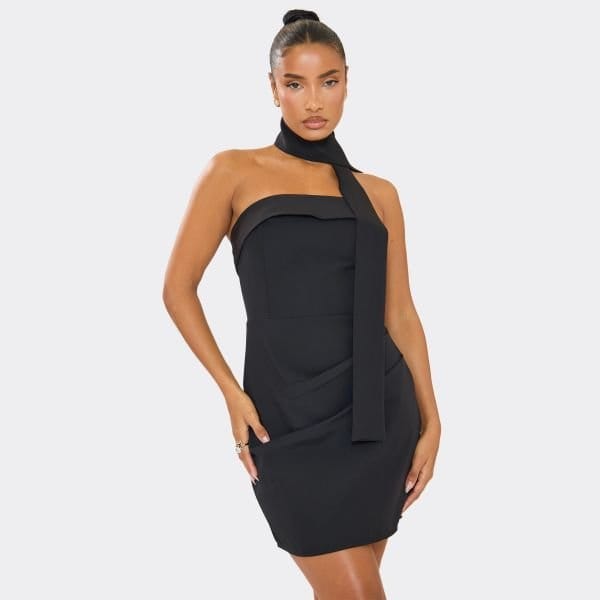 EGO Scarf Detail Fold Over Bandeau Tailored Mini Dress In Black, Women's Size UK 6 - 1