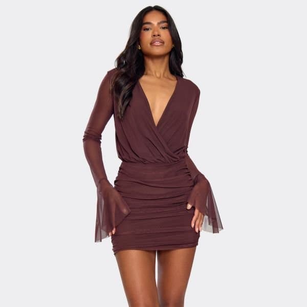 EGO Long Sleeve Plunge Neckline Ruched Detail Mini Dress In Chocolate Brown, Women's Size UK 4