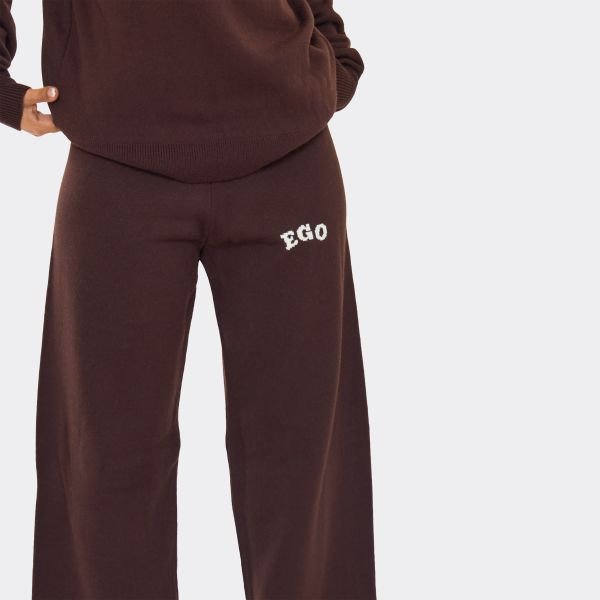 EGO Mid Rise Ego Logo Wide Leg Trousers In Chocolate Brown Knit, Women's Size UK Medium M - 2