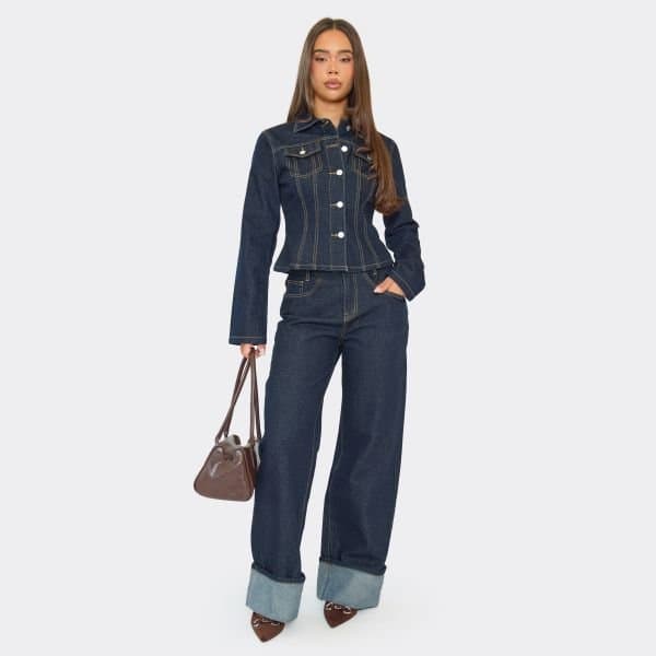 EGO Mid Rise Turn Up Hem Wide Leg Jeans In Indigo Denim, Women's Size UK 6