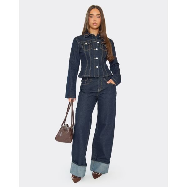 EGO Mid Rise Turn Up Hem Wide Leg Jeans In Indigo Denim, Women's Size UK 6 - 2