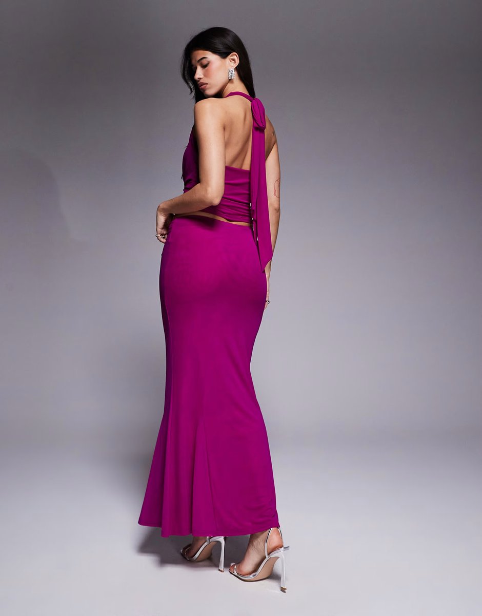 ASOS Murci exclusive mesh bodycon fishtail maxi skirt co-ord in cerise - 4