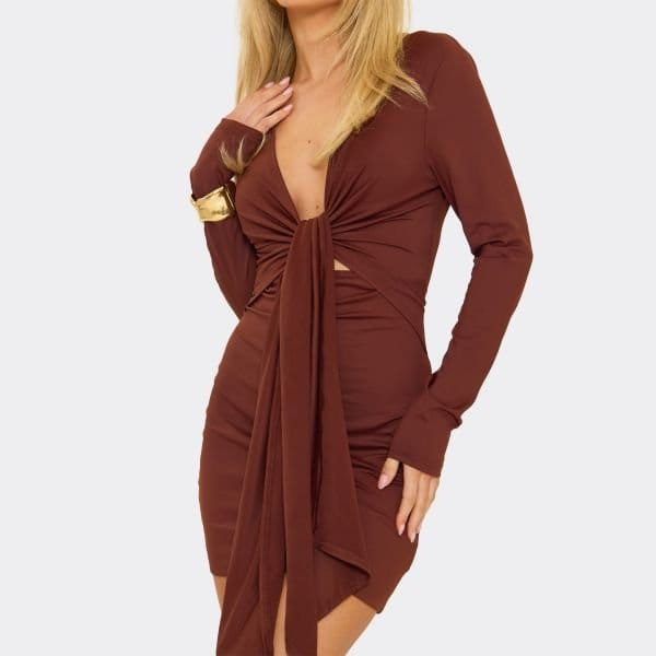 EGO Plunge Front Tie Mini Dress In Chocolate Brown, Women's Size UK Large L - 2
