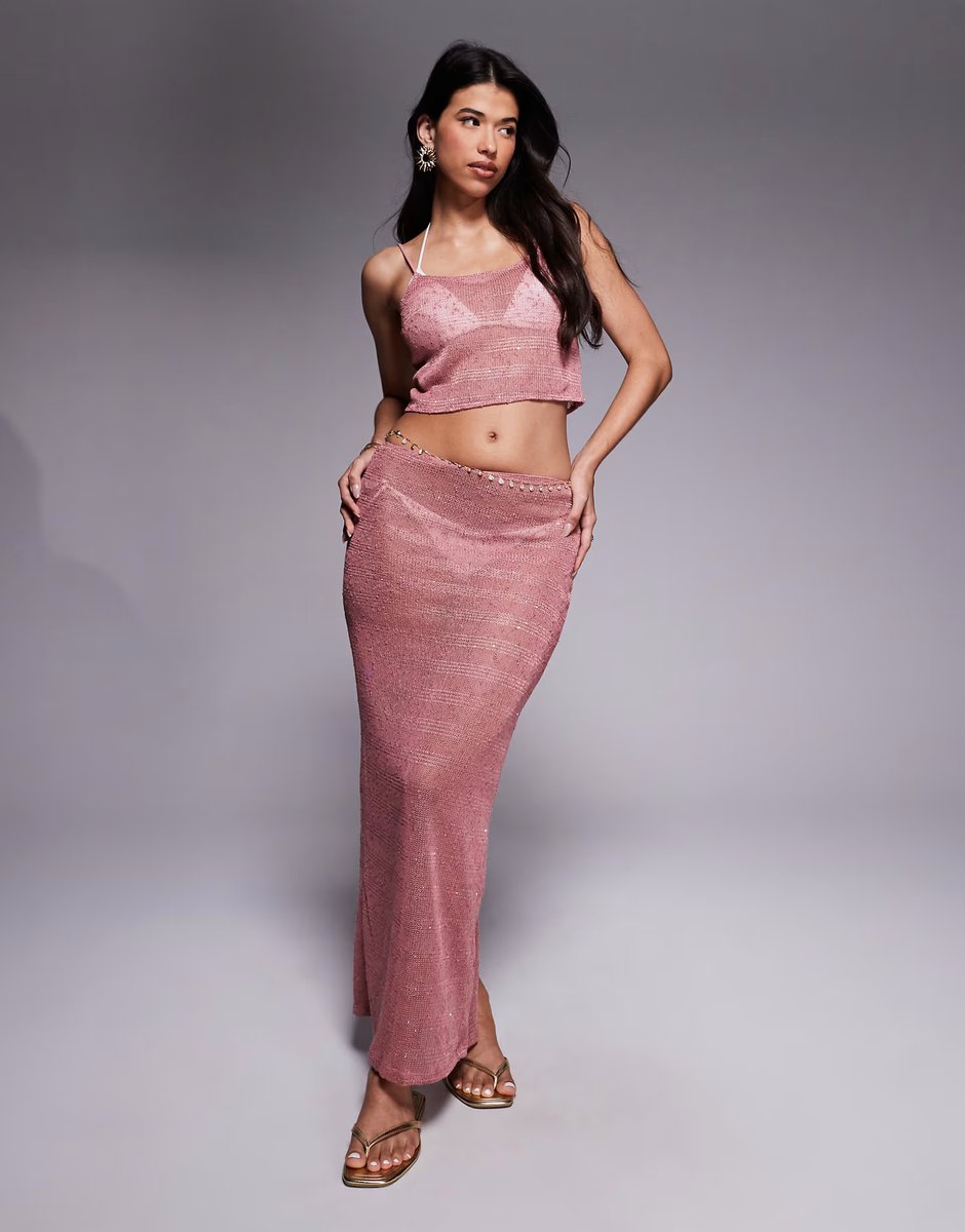 ASOS South Beach knitted sequin maxi skirt in dusty pink - 1