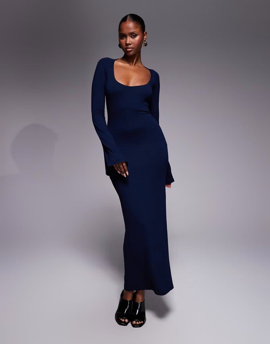 ASOS ASOS DESIGN long flute sleeves super scoop midi dress in navy