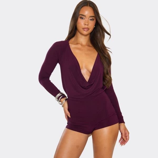 EGO Long Sleeve Cowl Neck Open Tie Back Detail Playsuit In Plum Slinky, Women's Size UK 6