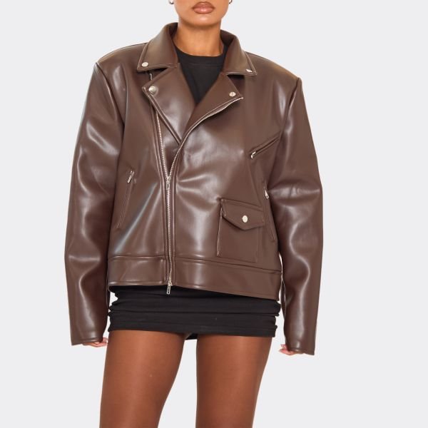 EGO Collared Structured Biker Jacket In Chocolate Brown Faux Leather, Women's Size UK 6 - 2