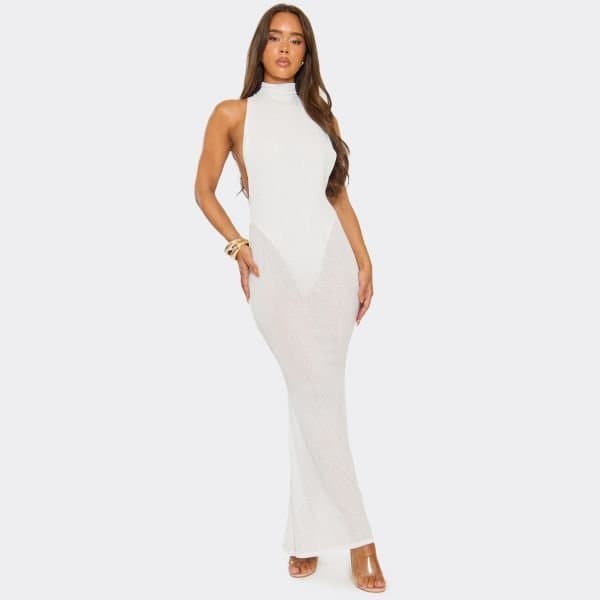 EGO High Neck Cut Out Back Detail Maxi Dress In White Mesh, Women's Size UK 12