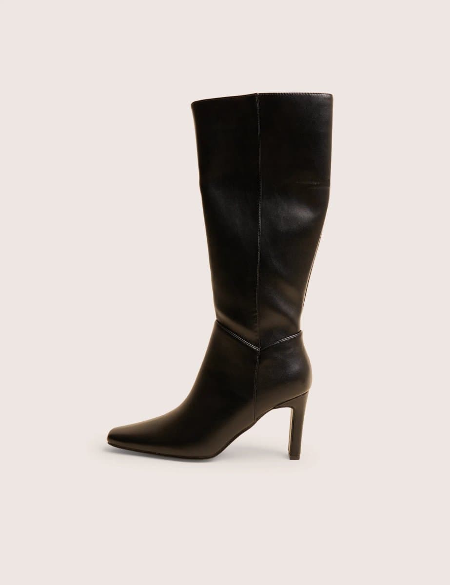 Public Desire Pose Black Pu Zip Up Knee High Slim Block Heeled Boots