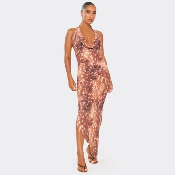 EGO Cowl Neck Asymmetric Hem Maxi Dress In Brown Deer Print, Women's Size UK 6