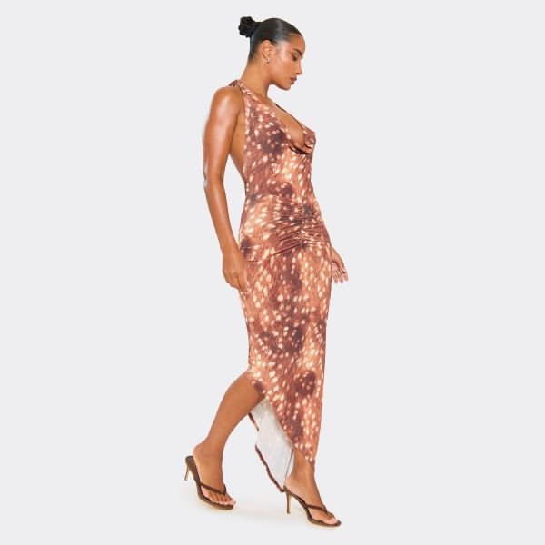 EGO Cowl Neck Asymmetric Hem Maxi Dress In Brown Deer Print, Women's Size UK 6 - 2