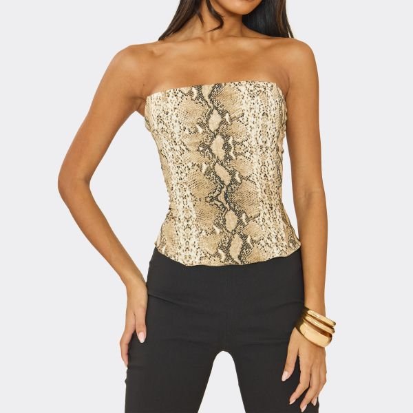 EGO Bandeau Corset Top In Multi Snake Print, Women's Size UK 6 - 2