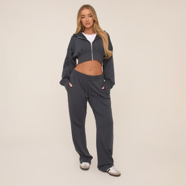EGO Long Sleeve Zip Front Cropped Hoodie In Midnight Blue, Women's Size UK 4 - 2