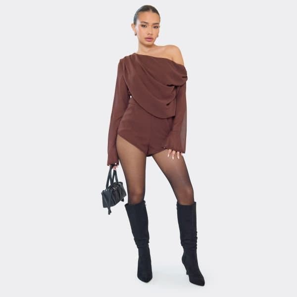 EGO Off The Shoulder Long Sleeve Drape Detail Playsuit In Chocolate Brown Chiffon, Women's Size UK 6
