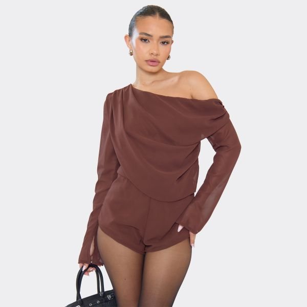EGO Off The Shoulder Long Sleeve Drape Detail Playsuit In Chocolate Brown Chiffon, Women's Size UK 6 - 2